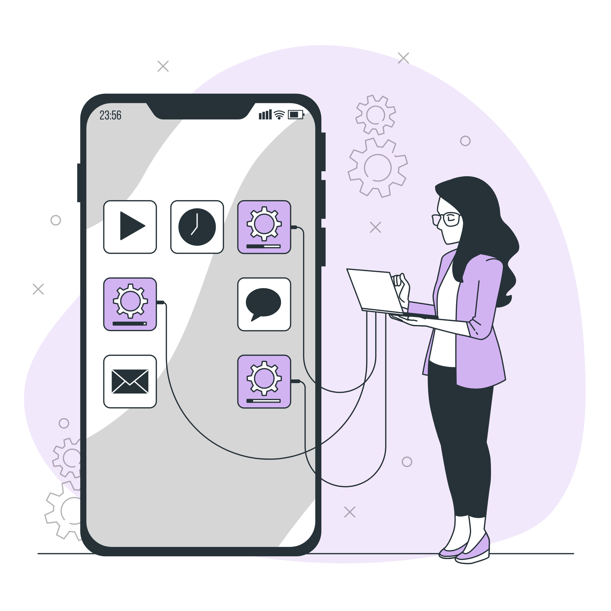 An illustrated character working with a laptop plugged into multiple different phone apps